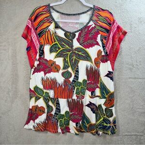 Soft Surroundings Tropical Tigerwood Print Henley Tunic Cozy Soft Hawaiian Sz LP